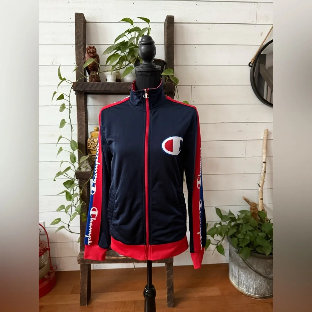 Champion Navy Blue and Red Zip-Up Jacket with Iconic Logo On Front Unisex